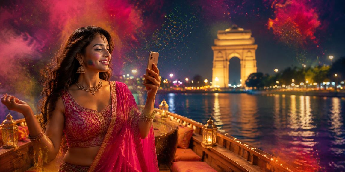 Delhi India Gate with slot game and Holi festival colors