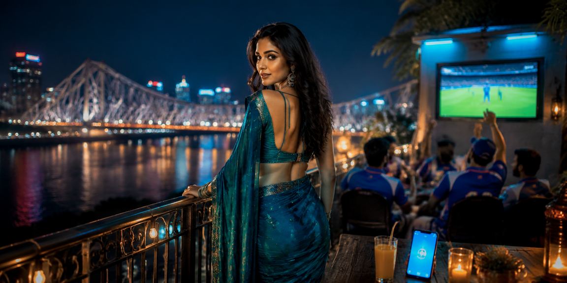 Cricket betting enthusiast watching live IPL in Kolkata wearing traditional saree